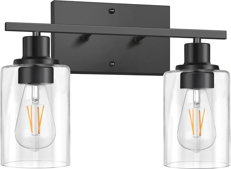 SHINETECH 2-Light Bathroom Vanity Light Fixtures, Modern Wall Lighting with Clear Glass Shade, Matte Black Finished Wall Sconce Lighting for Mirror - Image 1